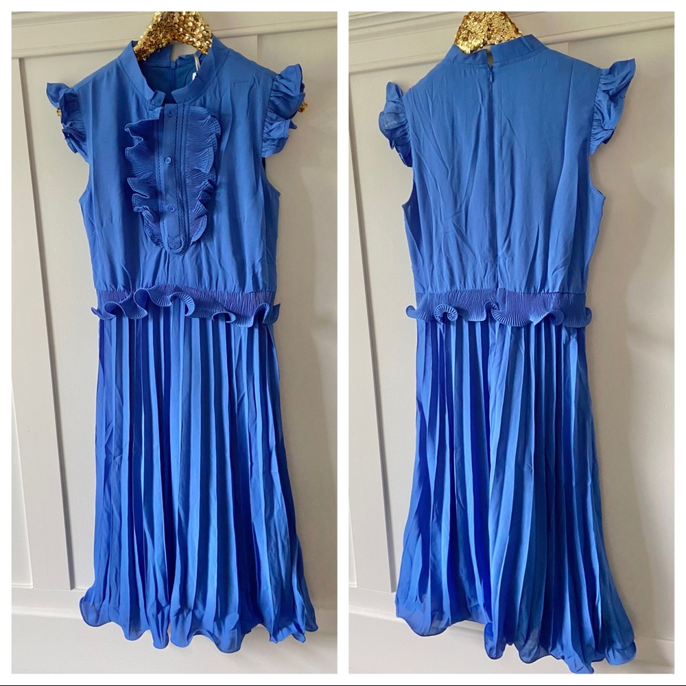 Blue Ruffle Pleated Midi Dress